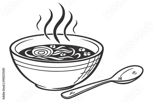 Vector of a simple bowl of soup with steam spirals and a spoon on the side. Black Color and White Background