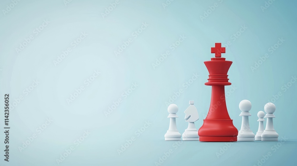 A red king chess piece surrounded by white pawns, symbolizing strategy and competition. A red king chess piece surrounded by white pawns, symbolizing strategy and competition.