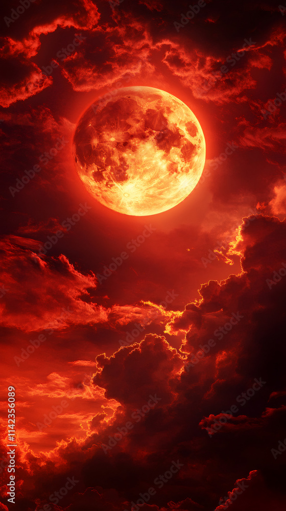 Super blood moon glowing in dramatic red clouds during ramadan, concept of spirituality and religion Super blood moon glowing in dramatic red clouds during ramadan, concept of spirituality and religion