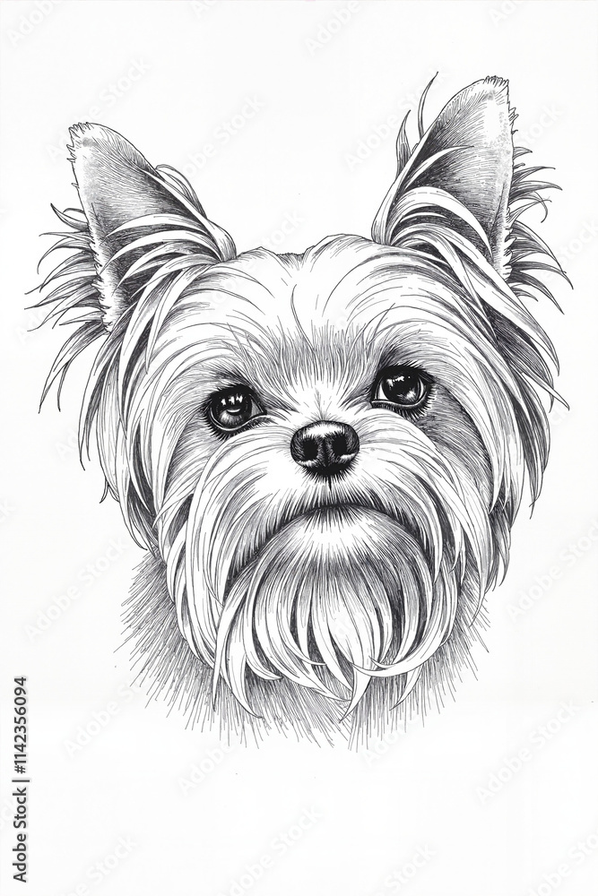 Fototapeta premium Expressive black and white pen and ink portrait of Yorkshire Terrier showcasing meticulously detailed fur texture, soulful eyes, and characteristic small pointed ears in realistic style