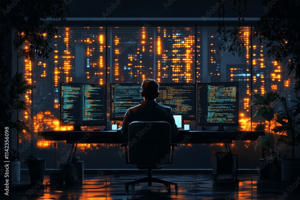 A software engineer coding on a laptop in a modern office, surrounded by screens and tech gadgets. Generative AI A software engineer coding on a laptop in a modern office, surrounded by screens and tech gadgets. Generative AI