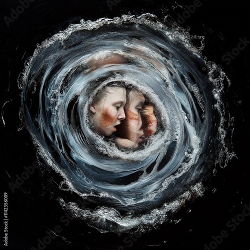 Drowning in Emotion: Two faces submerged in a swirling vortex of water, their expressions a mix of fear and vulnerability.  The stark black background amplifies the sense of isolation and desperation.