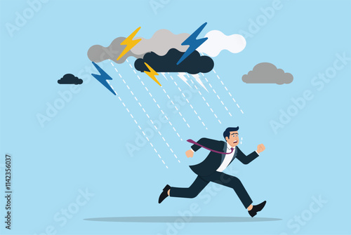 Runaway from crisis, catastrophe, misfortune, escape from disaster, failure or danger, overworked, anxiety, stress, problem-solving, work pressure, businessman running under thunderstorms and rain.