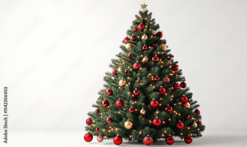 Decorated christmas tree with ornaments and lights on a white background, 3D illustration Decorated christmas tree with ornaments and lights on a white background, 3D illustration
