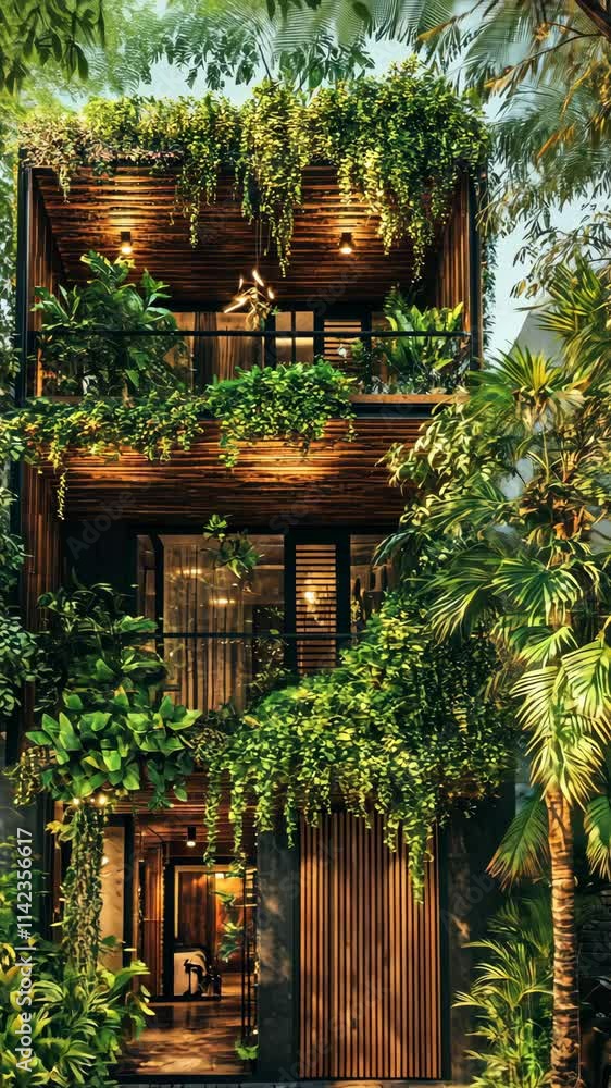Charming three-story wooden house surrounded by lush greenery in a tropical setting Charming three-story wooden house surrounded by lush greenery in a tropical setting