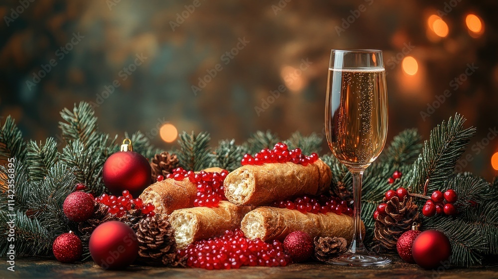 Festive Christmas dessert with champagne and red caviar. Festive Christmas dessert with champagne and red caviar.