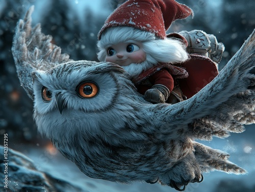 A cute gnome riding an owl in the air photo