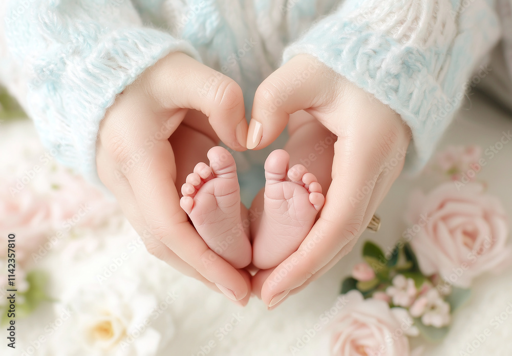 Newborn baby feet held in loving hands, surrounded by soft flowers, symbolize tenderness and warmth. This heartwarming image captures essence of new life and affection Newborn baby feet held in loving hands, surrounded by soft flowers, symbolize tenderness and warmth. This heartwarming image captures essence of new life and affection