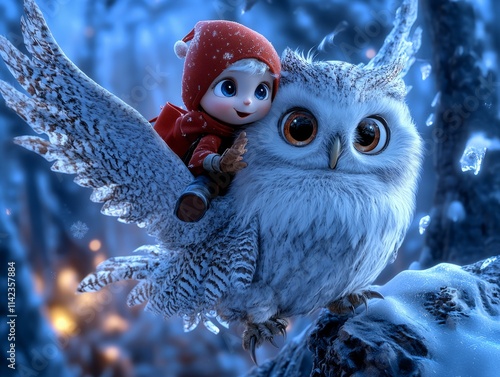 A cute gnome riding an owl in the air photo