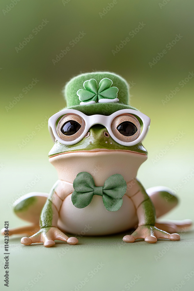 charming frog wearing white glasses and green bow tie, adorned with green hat featuring clover. This whimsical creature exudes playful and joyful vibe charming frog wearing white glasses and green bow tie, adorned with green hat featuring clover. This whimsical creature exudes playful and joyful vibe