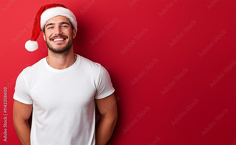 cheerful man wearing Santa hat smiles against red background, embodying festive spirit of Christmas. His white t shirt adds to joyful atmosphere cheerful man wearing Santa hat smiles against red background, embodying festive spirit of Christmas. His white t shirt adds to joyful atmosphere