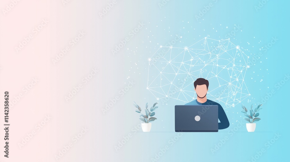 A person working on a laptop with plants and a digital network background. A person working on a laptop with plants and a digital network background.