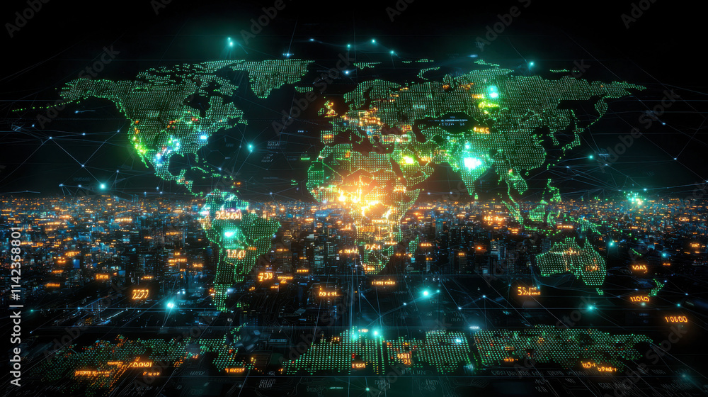 Obraz premium High tech financial dashboard displaying digital world map with data