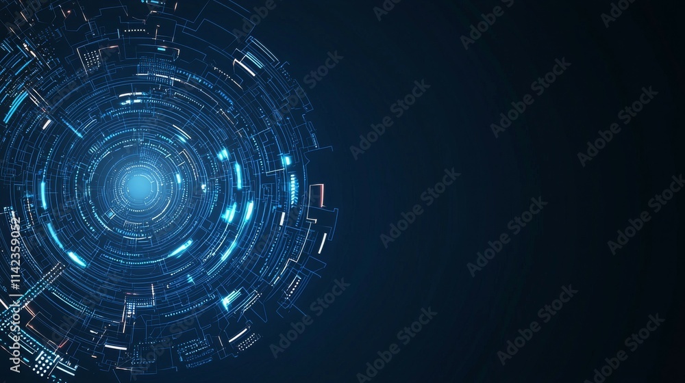 Obraz premium Abstract digital design featuring circular patterns and glowing blue elements.