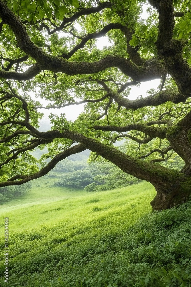 Ancient oak tree, gnarled branches and lush green foliage Ancient oak tree, gnarled branches and lush green foliage