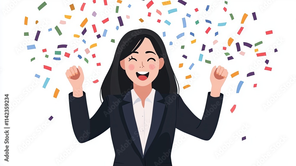 A joyful woman in a suit celebrates with raised arms, surrounded by colorful confetti, exuding happiness and success. A joyful woman in a suit celebrates with raised arms, surrounded by colorful confetti, exuding happiness and success.