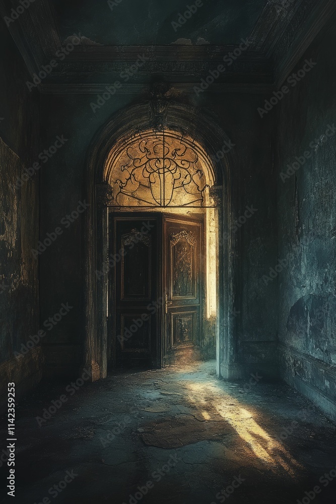 Sunlit doorway in decaying, ornate building. Sunlit doorway in decaying, ornate building.