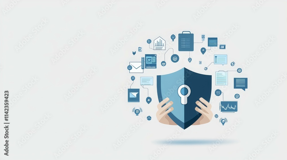 A shield with a keyhole surrounded by icons representing data security and technology. A shield with a keyhole surrounded by icons representing data security and technology.