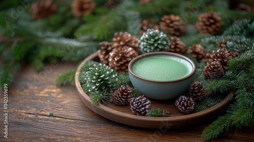 Wallpaper Mural Festive matcha latte in a bowl, surrounded by pine cones and fir branches on a wooden tray. Torontodigital.ca