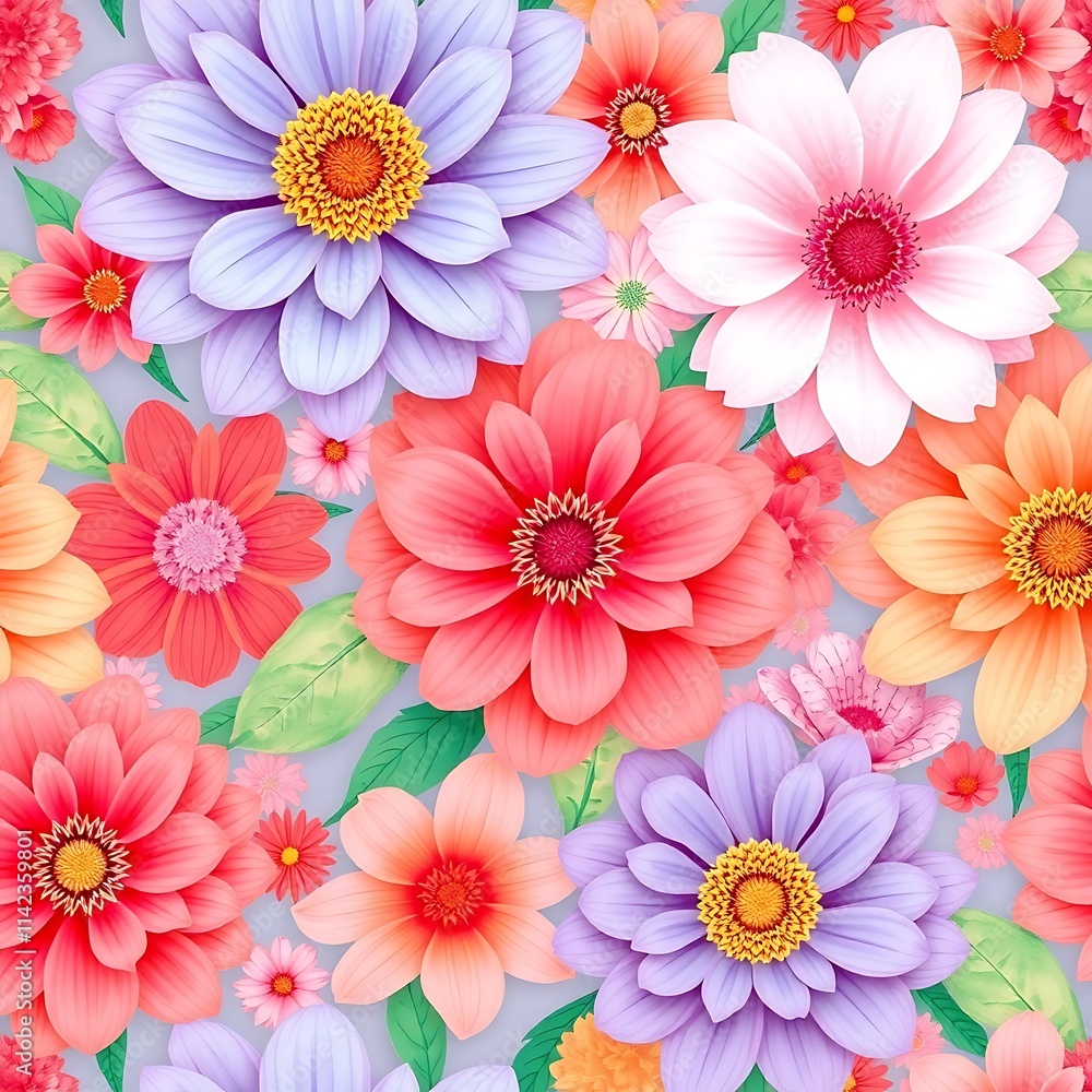 Floral Paradise: A vibrant and cheerful seamless pattern featuring a captivating array of colorful flowers in a variety of sizes and shapes, creating a delightful and playful backdrop. Floral Paradise: A vibrant and cheerful seamless pattern featuring a captivating array of colorful flowers in a variety of sizes and shapes, creating a delightful and playful backdrop.