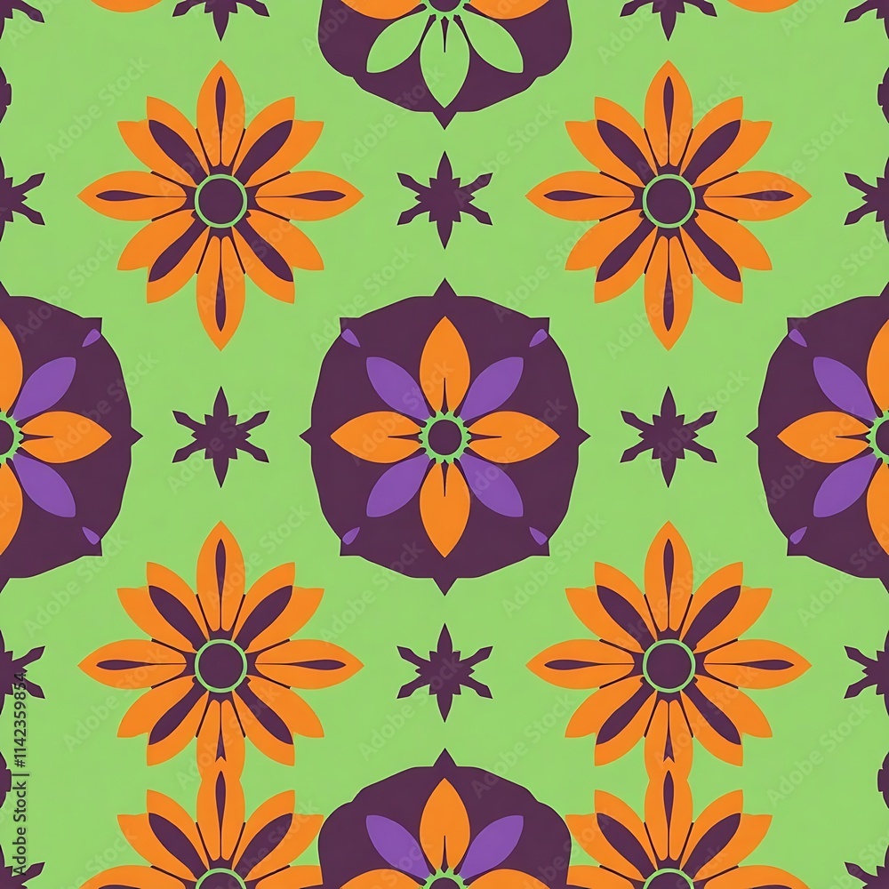 custom made wallpaper toronto digitalVibrant Floral Pattern: A seamless repeat design featuring stylized orange and purple flowers on a lime green background. Perfect for textile prints, wallpaper, and surface design.
