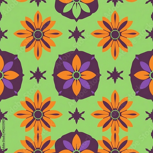 Wallpaper Mural Vibrant Floral Pattern: A seamless repeat design featuring stylized orange and purple flowers on a lime green background. Perfect for textile prints, wallpaper, and surface design.  Torontodigital.ca