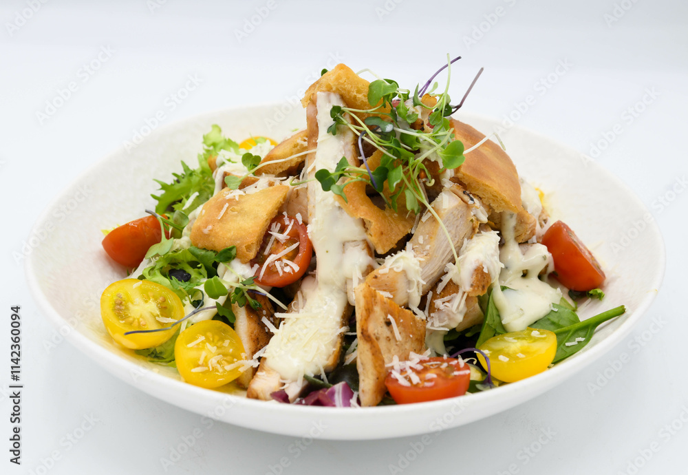 Ensalada César con pollo y verduras sobre un fondo blanco en el restaurante Ensalada César con pollo y verduras sobre un fondo blanco en el restaurante