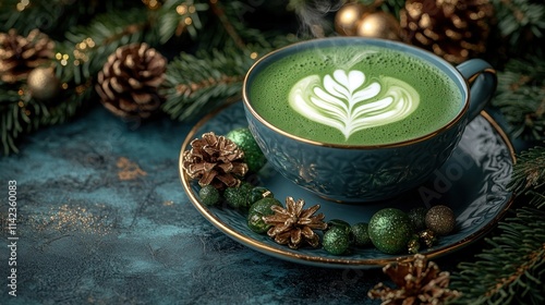 Wallpaper Mural Festive matcha latte in a decorative mug, surrounded by Christmas ornaments and pine branches on a dark teal background.. Torontodigital.ca