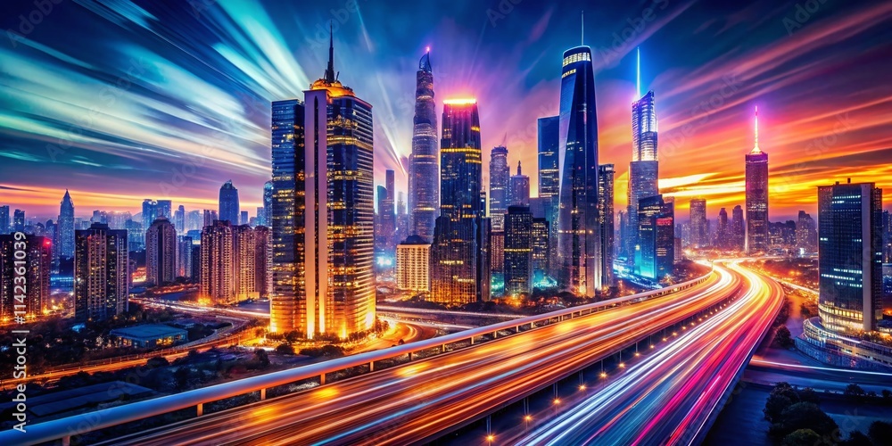 Abstract City Skyline Long Exposure Photography, Night Cityscape, Urban Light Trails, Glowing Metropolis, Modern Architecture, City Lights Abstract City Skyline Long Exposure Photography, Night Cityscape, Urban Light Trails, Glowing Metropolis, Modern Architecture, City Lights