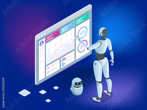 Isometric illustration of a robot interacting with a digital data interface displaying charts, analytics, and performance metrics. A smaller AI assistant robot stands nearby, symbolizing futuristic