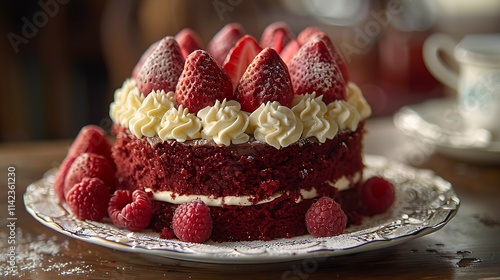 A close-up of a heart-shaped red velvet cake topped with cream and decorated with fresh strawberries, placed on a delicate lace tablecloth.