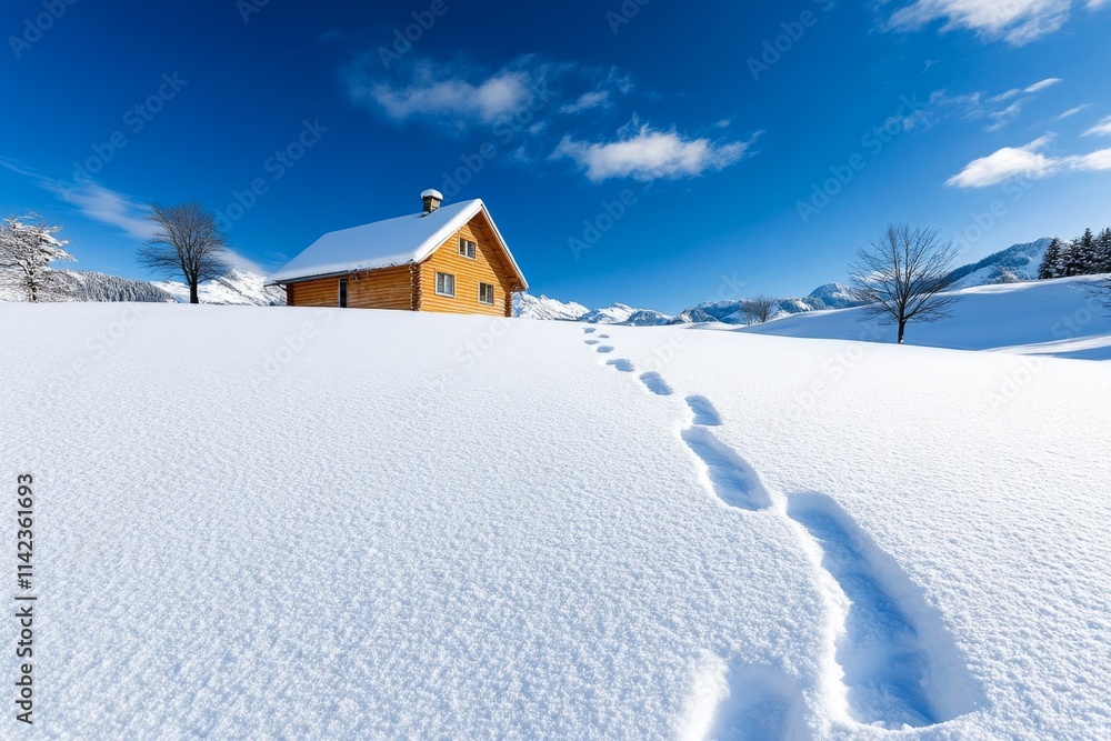 A pair of footprints in fresh snow, leading towards a cozy cabin in a serene winter landscape A pair of footprints in fresh snow, leading towards a cozy cabin in a serene winter landscape