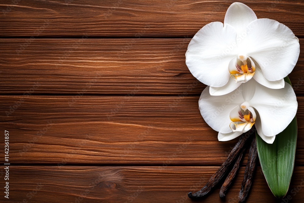 White orchids with vanilla beans arranged on a wooden surface create a natural and elegant centerpiece White orchids with vanilla beans arranged on a wooden surface create a natural and elegant centerpiece
