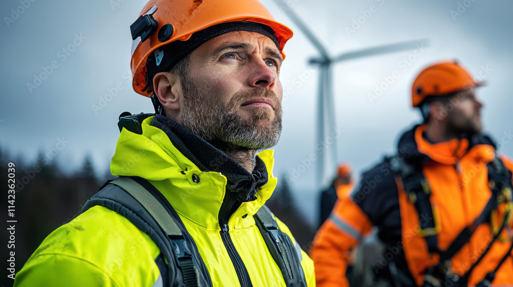 Fototapeta premium High visibility safety gear worn by technicians near wind turbines