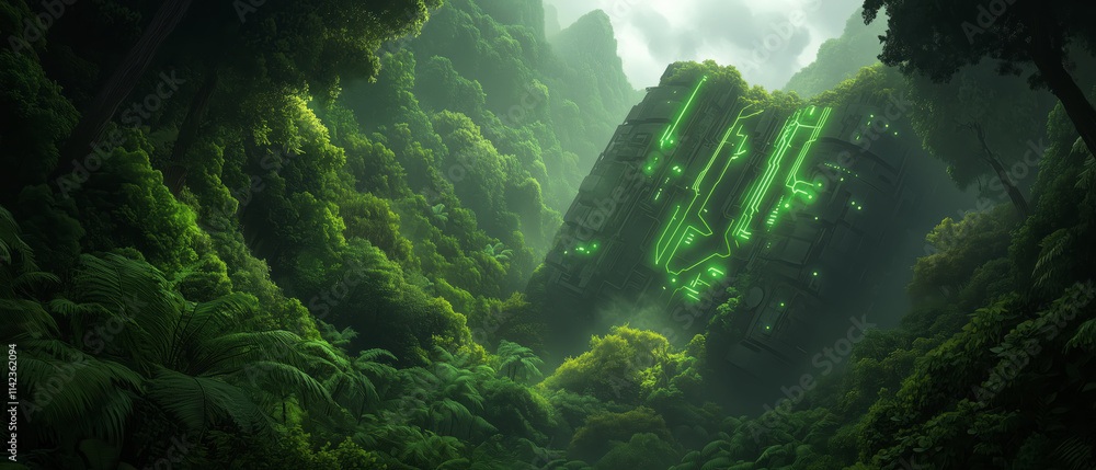 Fototapeta premium Futuristic ruins entwined in lush jungle greenery