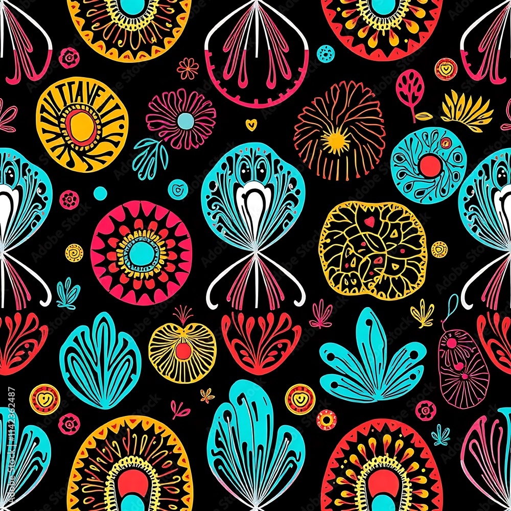 Fototapeta premium Vibrant Floral Pattern: A dazzling and intricate pattern featuring bold, colorful flowers and leaves on a black background.