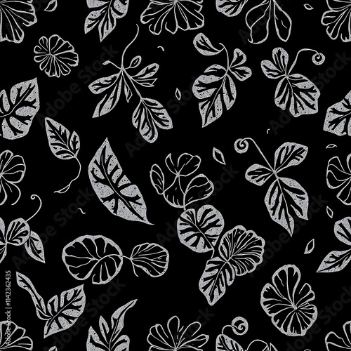 Black and White Leaves Pattern: An elegant and minimalist floral pattern with intricate white leaves on a black background. Perfect for adding a touch of nature to your designs. 