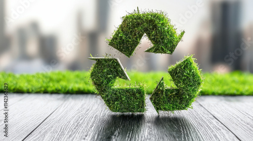 Green recycling symbol made of grass on wooden surface, representing sustainability and eco friendly practices in urban environments photo