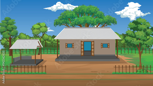A cartoon illustration of village house vector design