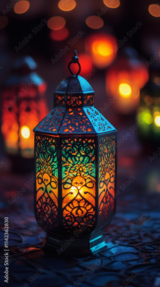 Festive ramadan lantern with intricate designs and vibrant colors, casting a warm glow in celebration of the holy month Festive ramadan lantern with intricate designs and vibrant colors, casting a warm glow in celebration of the holy month