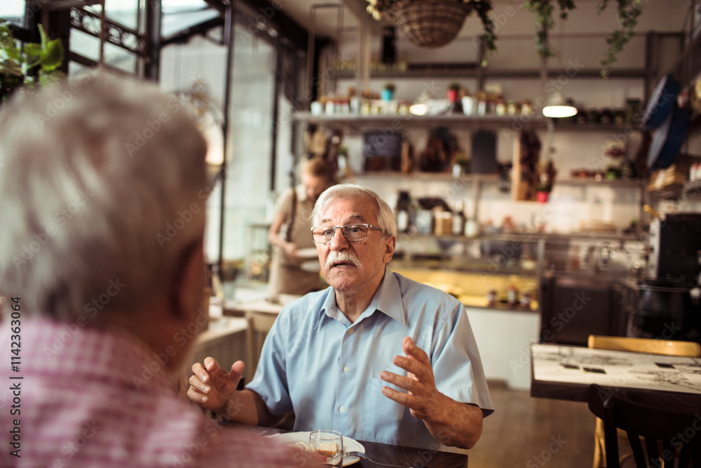Senior man having a conversation with friend in cozy bistro restaurant Senior man having a conversation with friend in cozy bistro restaurant