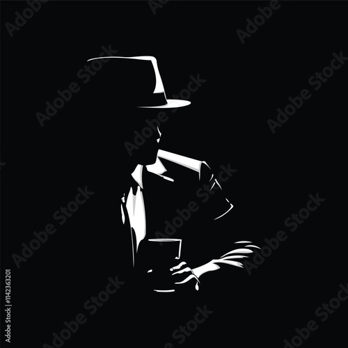 vector silhouette of a man in a hat and suit holding a glass in the dark isolated black background