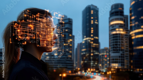 Futuristic cityscape with woman’s silhouette, featuring digital circuits and glowing lights, symbolizing technology and innovation in urban environments photo