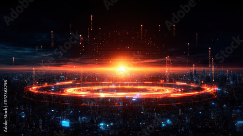 stunning sunset over futuristic cityscape, featuring glowing circular patterns and digital elements, evokes sense of innovation and energy photo