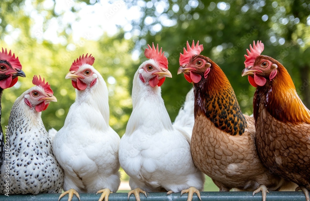 Fototapeta premium Bright sunlight illuminates a group of chickens in an outdoor pen, showcasing their vibrant feathers and lively expressions amidst green trees.