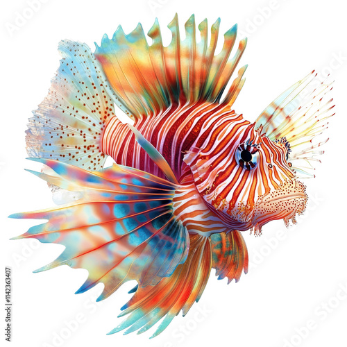 Vibrant lionfish with colorful fins and intricate patterns swimming gracefully. This stunning marine creature showcases blend of orange, blue, and white hues, captivating all who see it photo