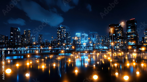 vibrant city skyline at night, illuminated by glowing lights reflecting on water. scene captures essence of urban life and modern architecture photo