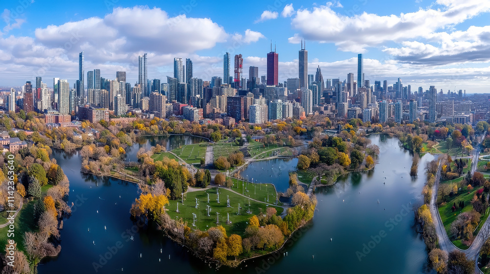 Obraz premium Aerial view of vibrant city skyline with lush parks and water bodies, showcasing autumn colors and modern architecture. scene captures essence of urban life and nature
