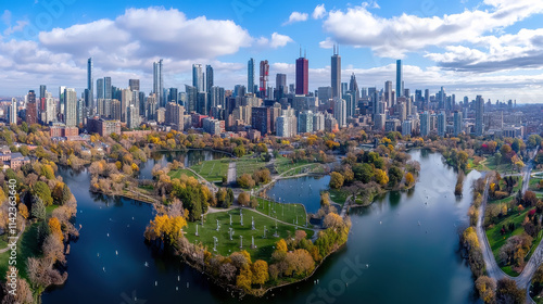 Aerial view of vibrant city skyline with lush parks and water bodies, showcasing autumn colors and modern architecture. scene captures essence of urban life and nature photo