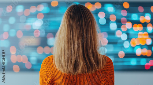 Engaged woman observing colorful digital display, reflecting on technology impact. vibrant lights create captivating atmosphere, inspiring thoughts on innovation and connectivity